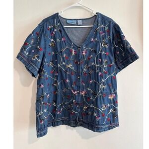 Jane Ashley Floral Embroidered Denim Top Women 2X Blue 100% Cotton